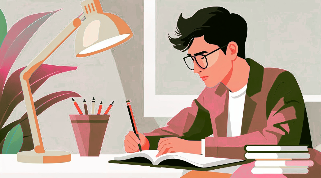 Jeune étudiant en relations publiques travaillant sérieusement à son bureau, entouré de livres, d’une lampe de bureau et de fournitures scolaires.