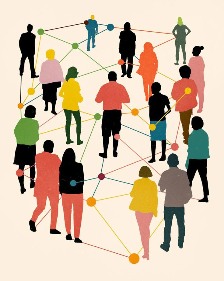 Illustration de personnes connectées entre elles par un réseau de lignes et de points représentant un système relationnel ou social