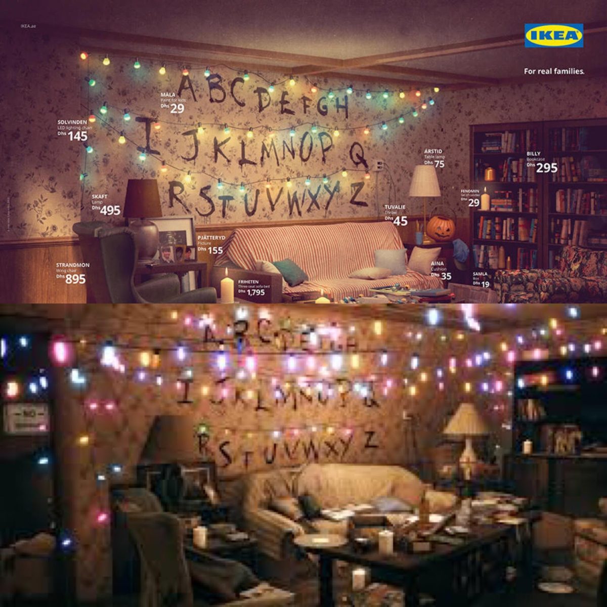 Trois salons Ikea inspirés des séries cultes "Friends", "Les Simpson" et "Stranger Things", comparés aux décors originaux.