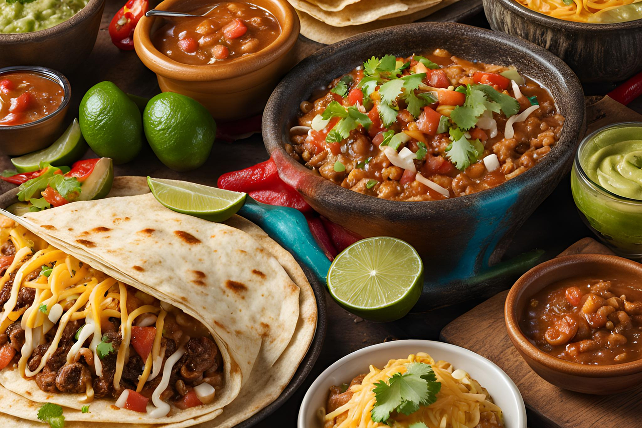 Image d'une table remplie d'aliments en rapport avec la cuisine mexicaine.