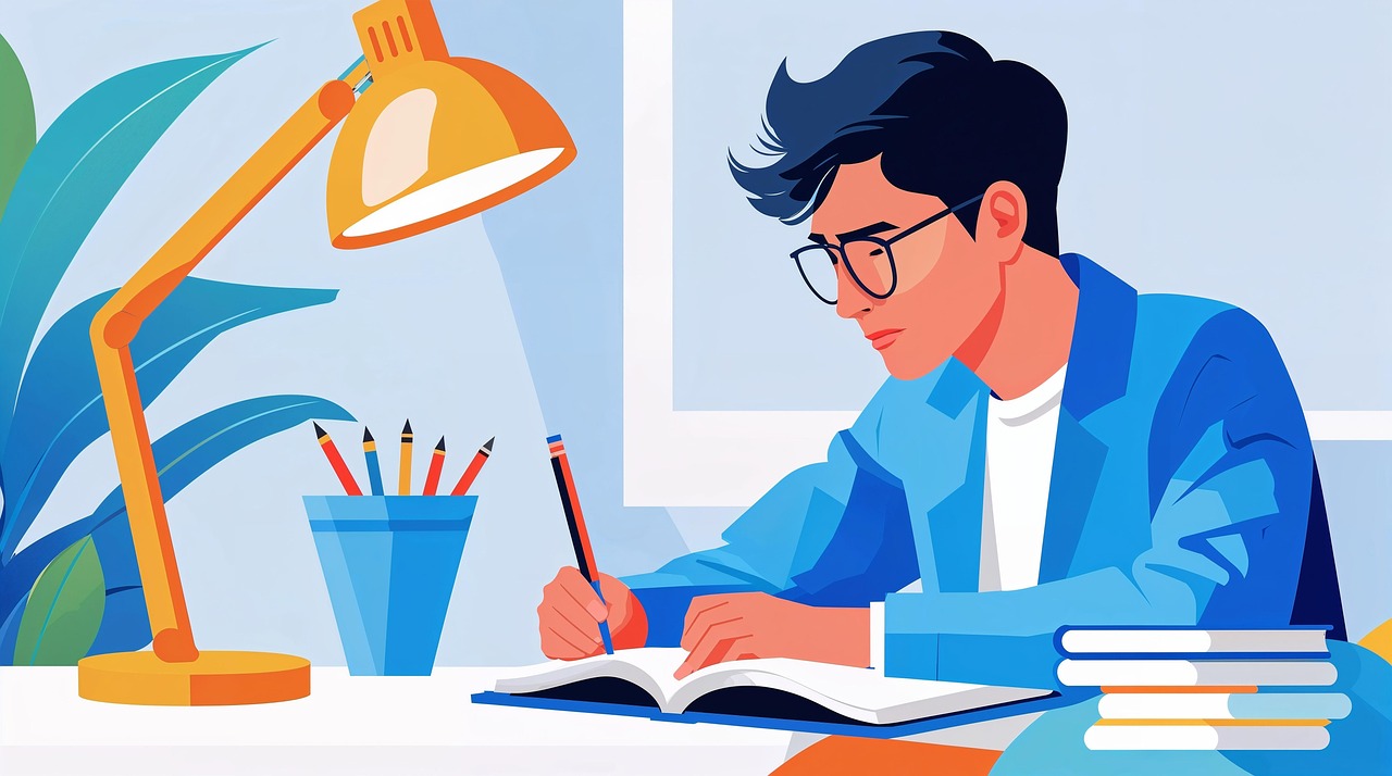 Dessin d'un étudiant assis à son bureau qui écrit dans un livre.