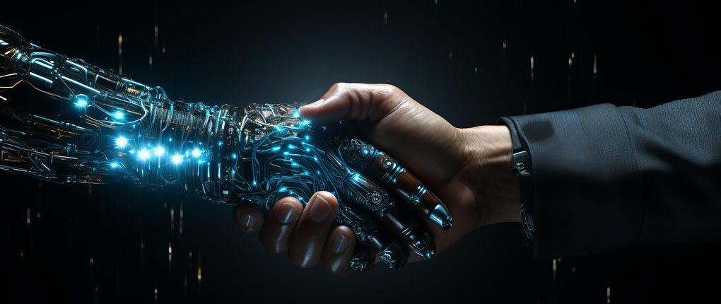 IA et relations publiques : Enjeux, limites et opportunités Poignée de main entre un robot et un humain.