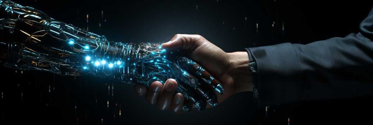 IA et relations publiques : Enjeux, limites et opportunités Poignée de main entre un robot et un humain.