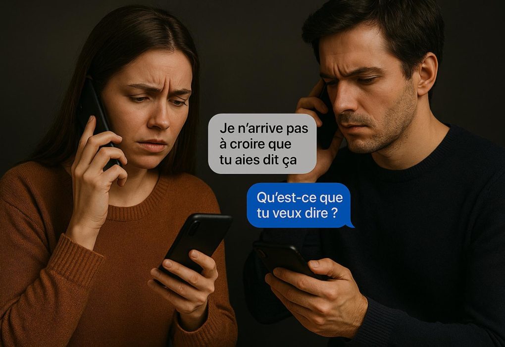 Les malentendus numériques : quand une phrase brise une relation Un couple échange des messages sur leur téléphone avec des expressions de confusion et de tension, illustrant un malentendu en messagerie instantanée.