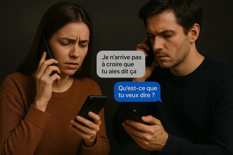 Un couple échange des messages sur leur téléphone avec des expressions de confusion et de tension, illustrant un malentendu en messagerie instantanée.
