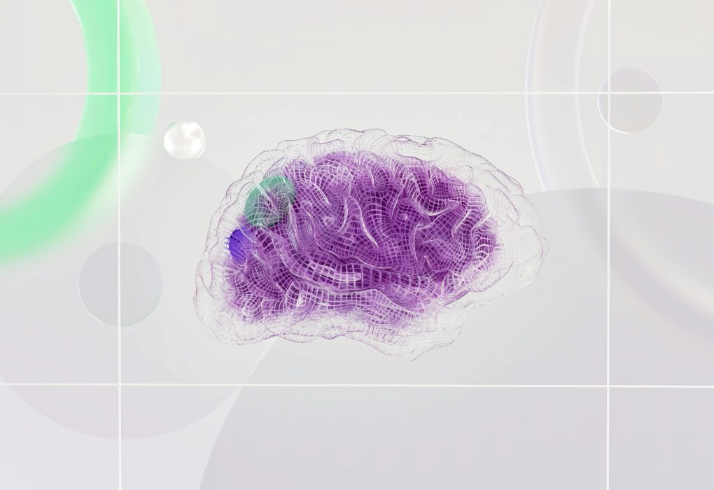 Illustration d’un cerveau violet, représentant l’intelligence artificielle et le traitement de données dans un univers futuriste.