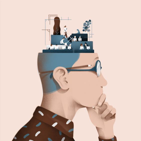Illustration d’un homme pensif vu de profil, avec la tête ouverte laissant apparaître des personnes travaillant sur des ordinateurs, symbolisant l’inspiration créative pour de futures campagnes