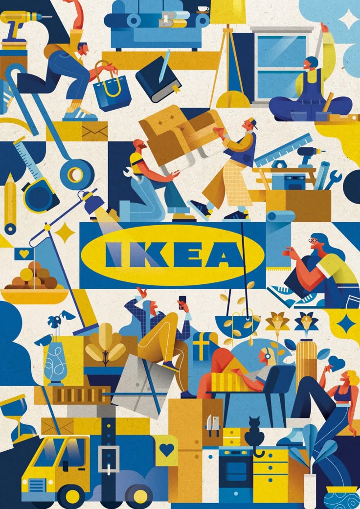 Illustration du logo IKEA entouré de personnes et de meubles, représentant l’univers de la marque et son identité centrée sur la vie quotidienne