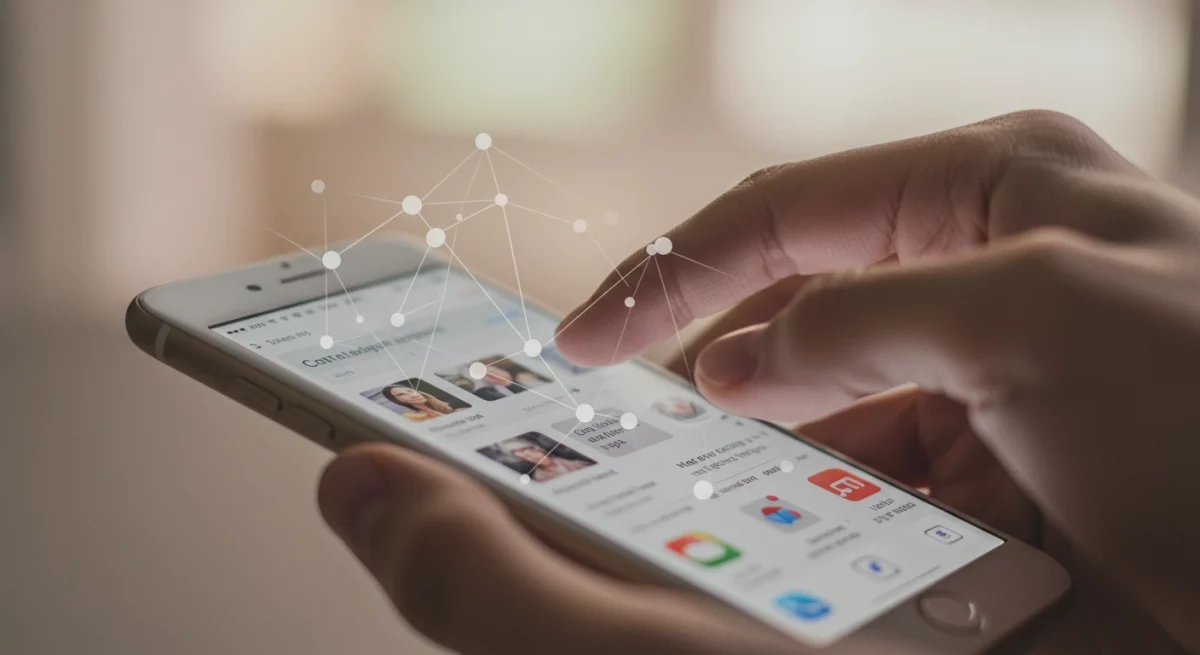 Main utilisant un smartphone avec des icônes de connexion, illustrant la viralité et les algorithmes des réseaux sociaux