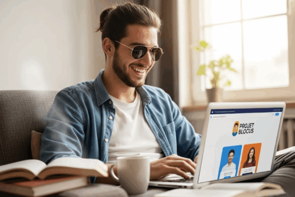 Étudiant détendu dans un espace de travail organisé, souriant devant la plateforme Projet Blocus sur son ordinateur