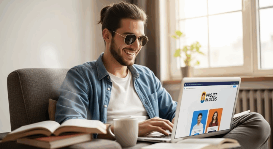 Étudiant détendu dans un espace de travail organisé, souriant devant la plateforme Projet Blocus sur son ordinateur