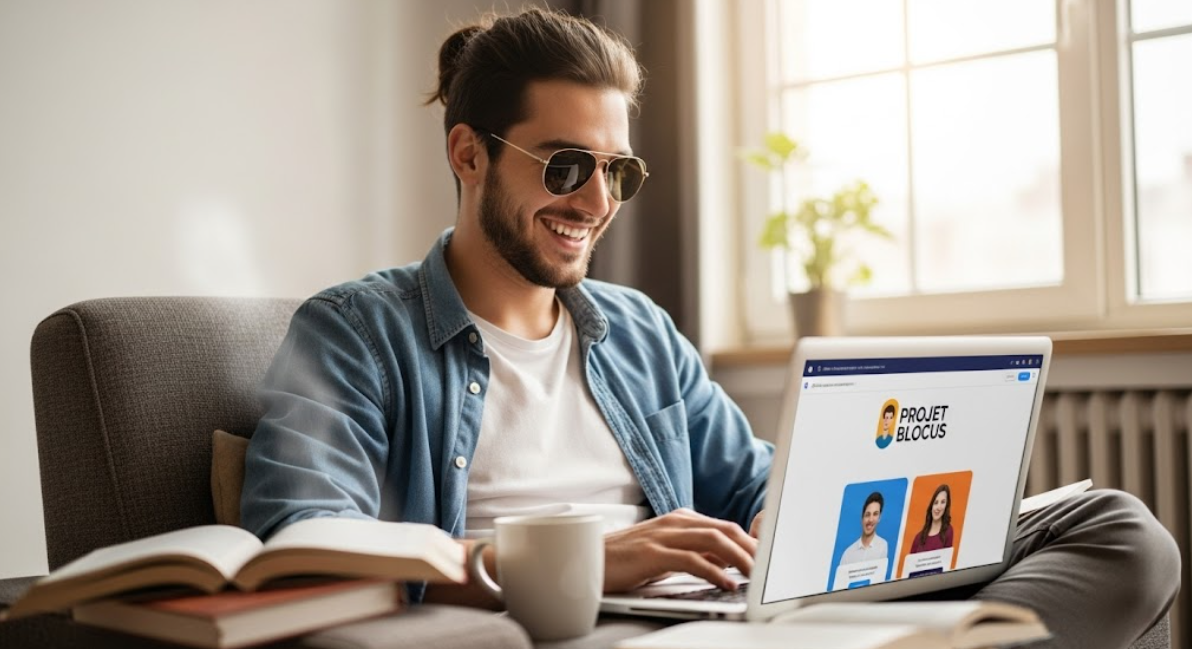 Étudiant détendu dans un espace de travail organisé, souriant devant la plateforme Projet Blocus sur son ordinateur
