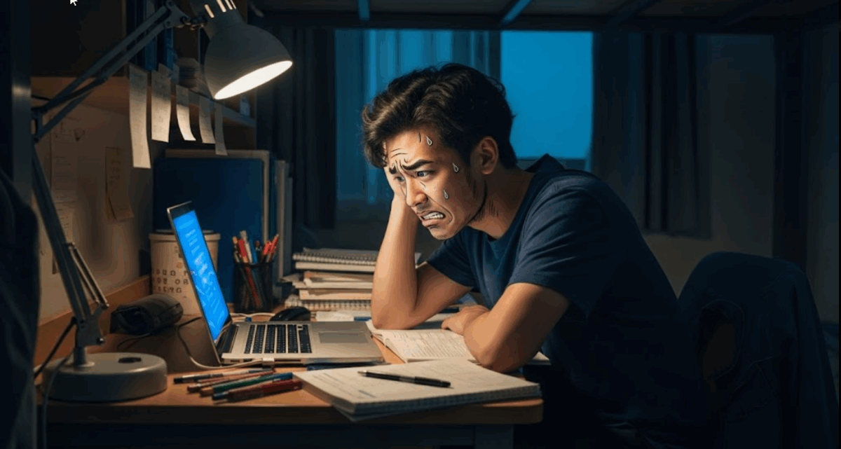 Étudiant stressé devant son ordinateur, entouré de notes et de livres, illustrant la pression du blocus